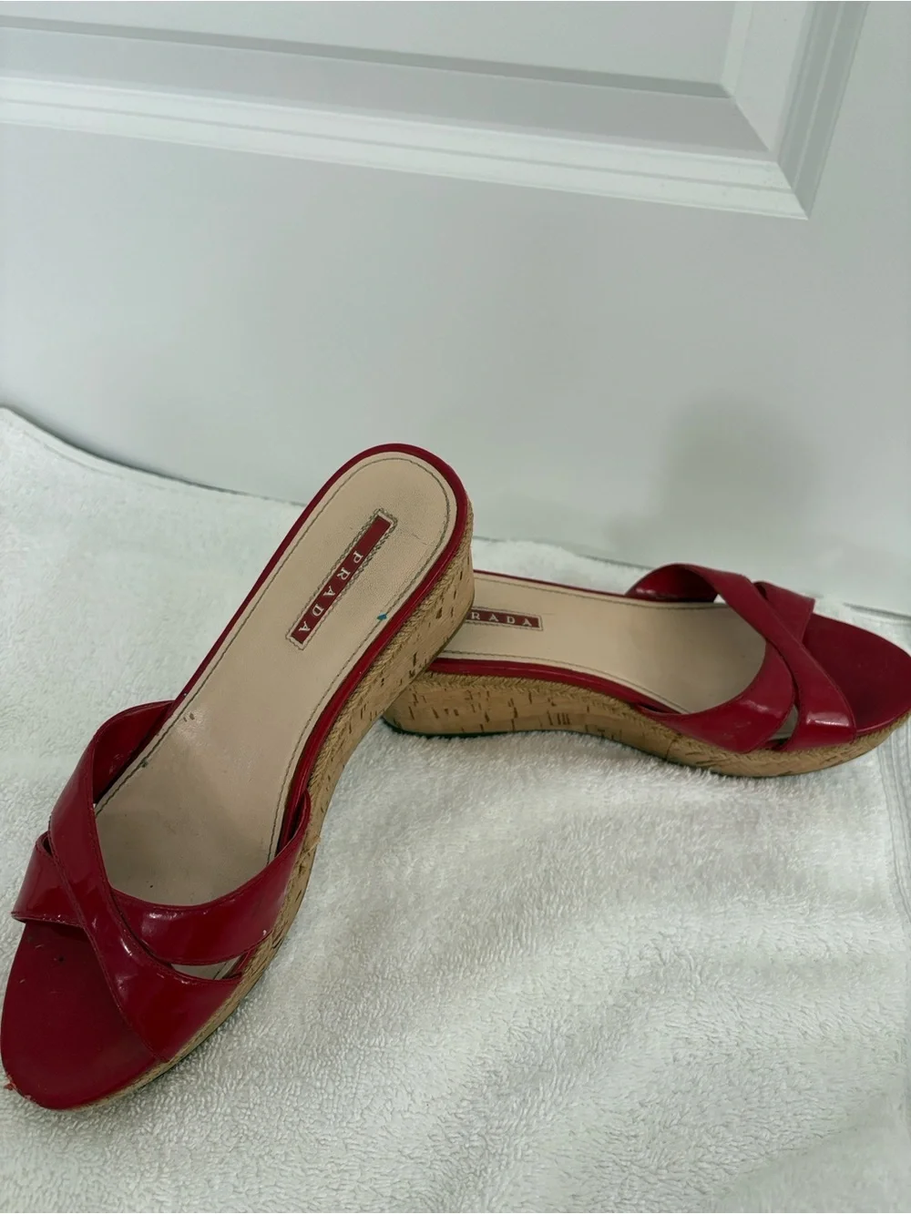 Prada Red Patent Cork Platform Slide Sandals